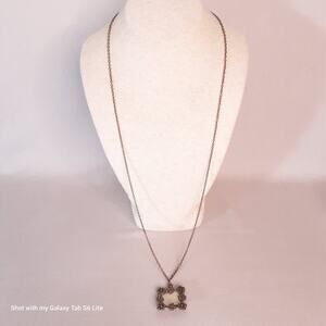 Bronze Tone Picture Frame Pendant Necklace Floral Pattern Cable Opera Chain